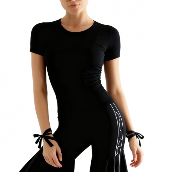 Women's Black Bodycon Short-Sleeve Jumpsuit with Flared Pants and Bow Details