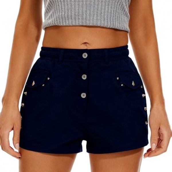 Women's Navy Blue Shorts with Stud Details and Button Front
