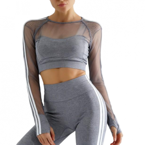 Women's Grey Mesh Long-Sleeve Crop Top and High-Waisted Leggings Set