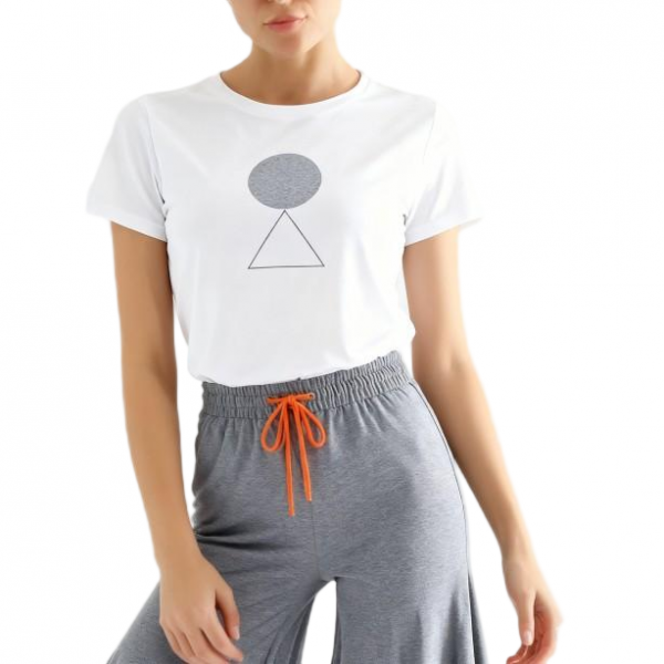 Women's Casual Loungewear Set with Geometric Print T-Shirt and Grey Wide-Leg Pants